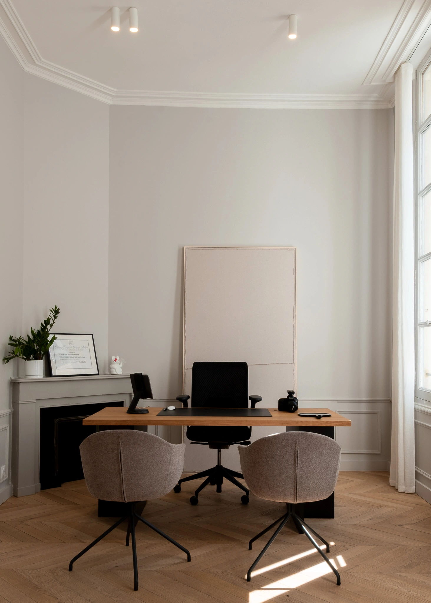 Bureau de consultation du Dr. Lange aménagé dans un appartement haussmannien à Montpellier, avec cheminée, parquet et moulures