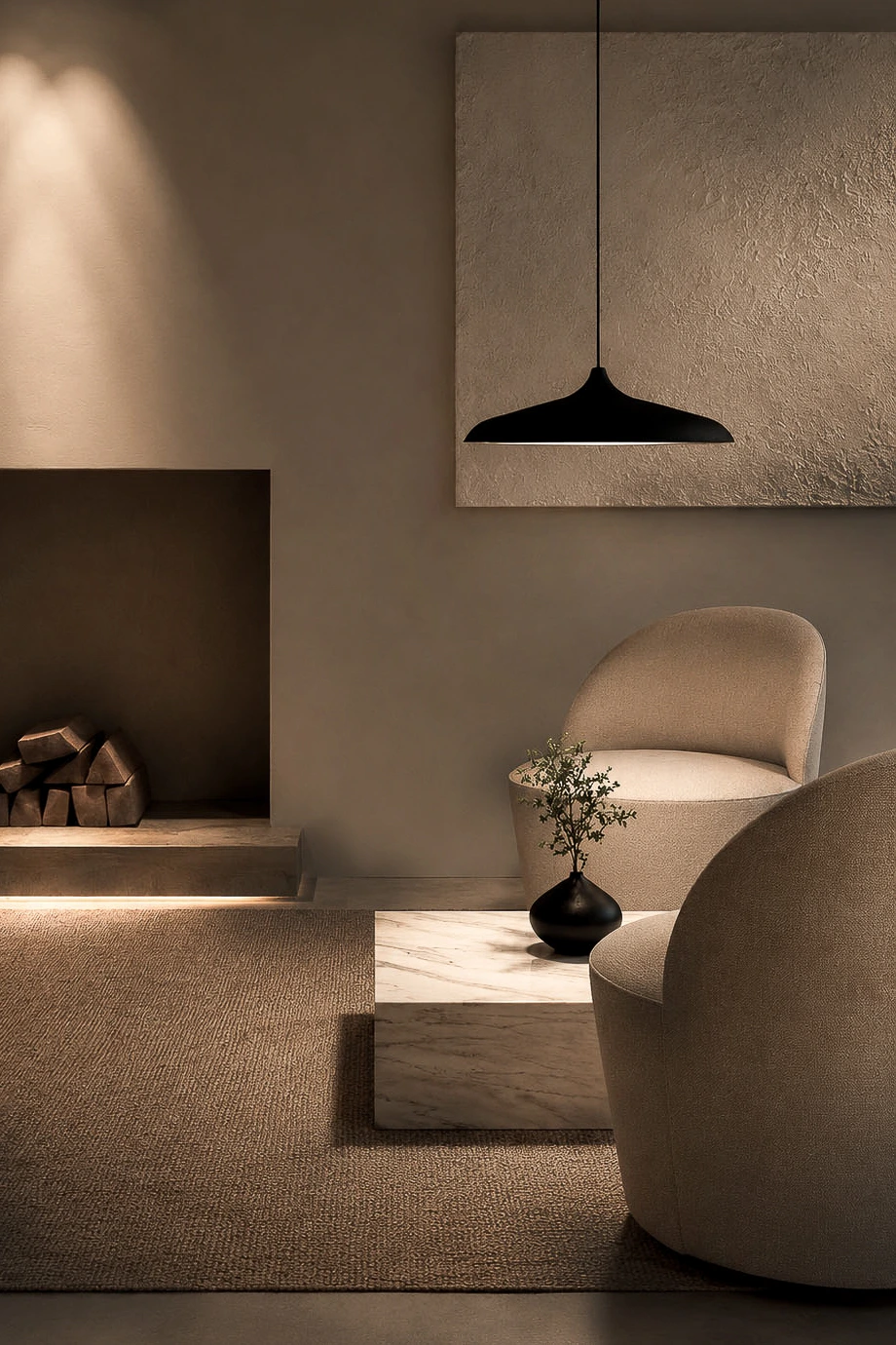 Salon contemporain aux matières naturelles, fauteuils en tissu bouclé, table en marbre et éclairage chaleureux dans une maison rénovée à Sète