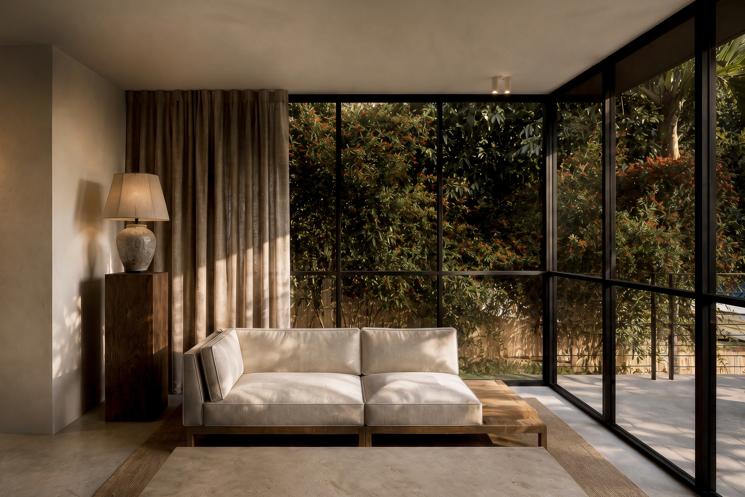 Salon contemporain baigné de lumière naturelle, ouvert sur un jardin méditerranéen par de grandes baies vitrées à ossature métallique noire, dans une maison rénovée à Sète.