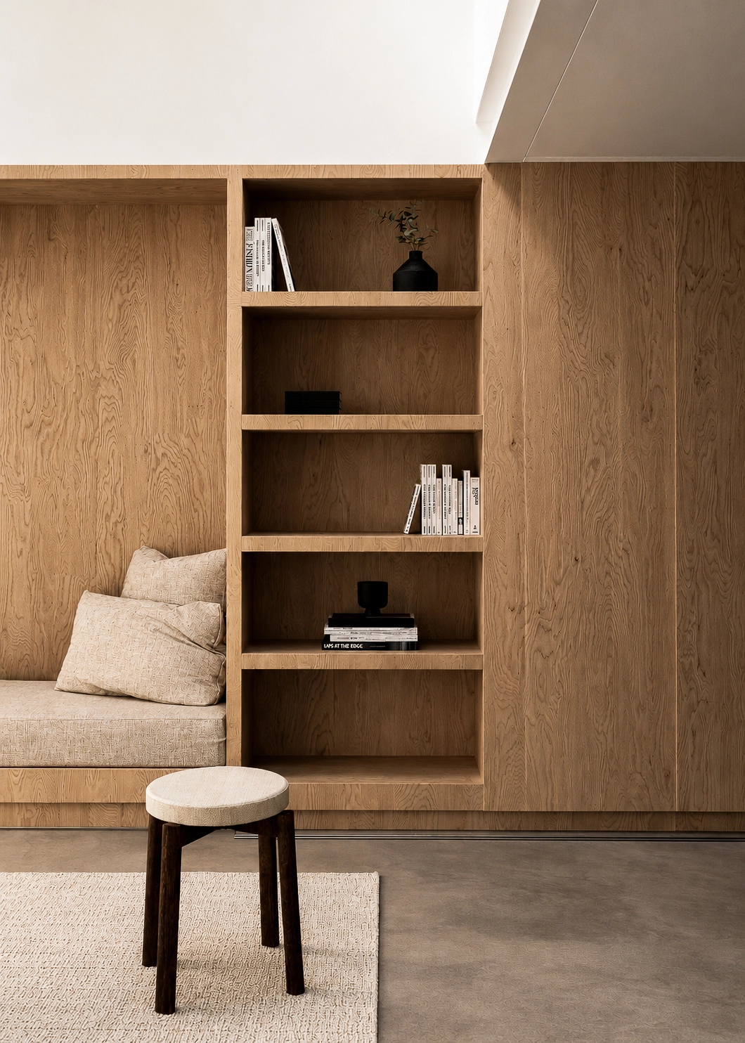 Appartement transformé en duplex à Montpellier avec bibliothèque et banquette intégrées en bois