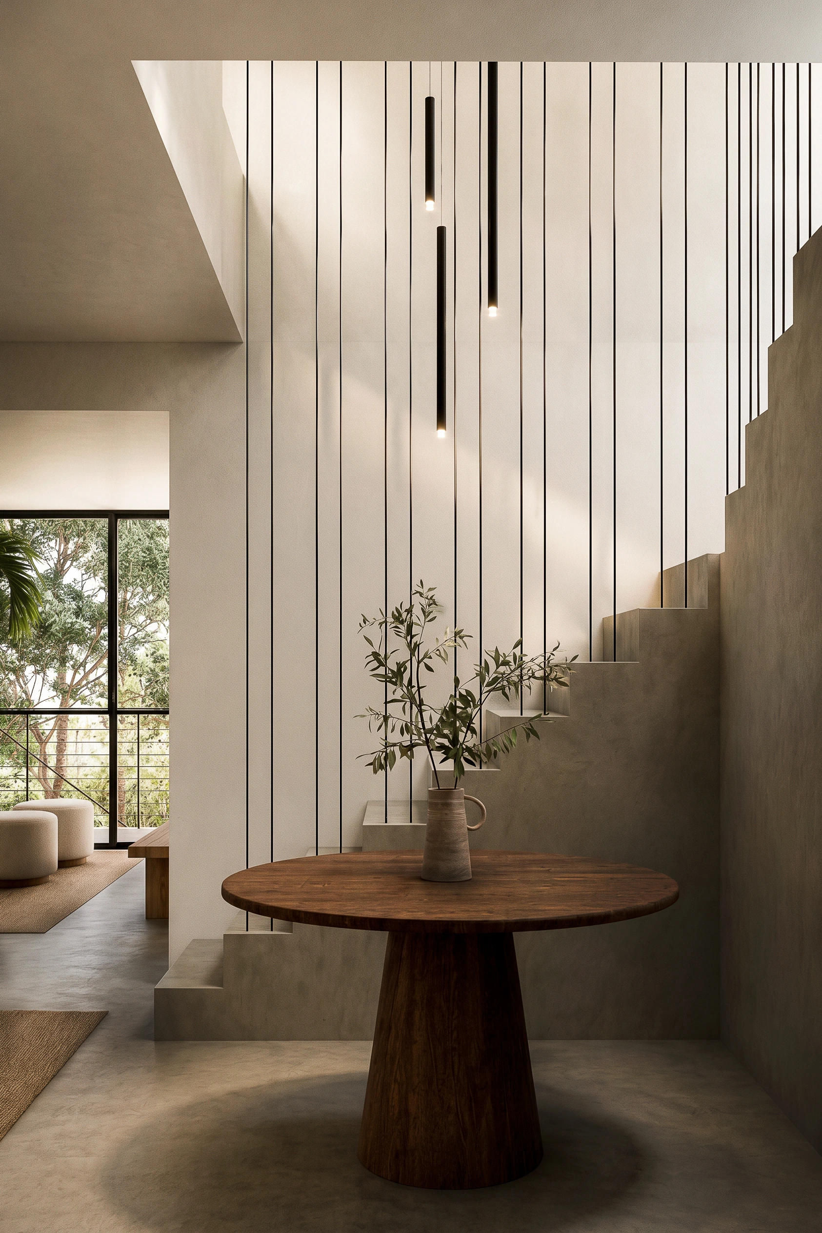 Escalier sculptural en béton avec garde-corps métallique fins et table rond en bois dans une rénovation contemporaine sur le mont Saint Clair à Sète