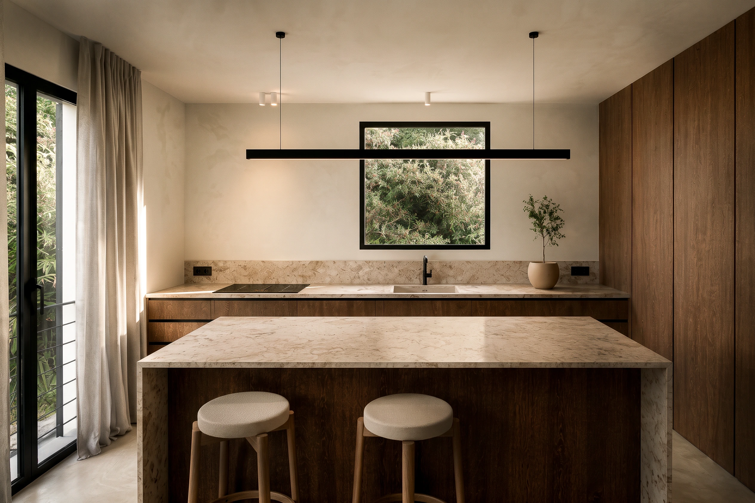 Cuisine contemporaine sur mesure avec îlot central en pierre naturelle, façades en bois et éclairage suspendu, dans une maison rénovée sur le mont Saint-Clair à Sète.